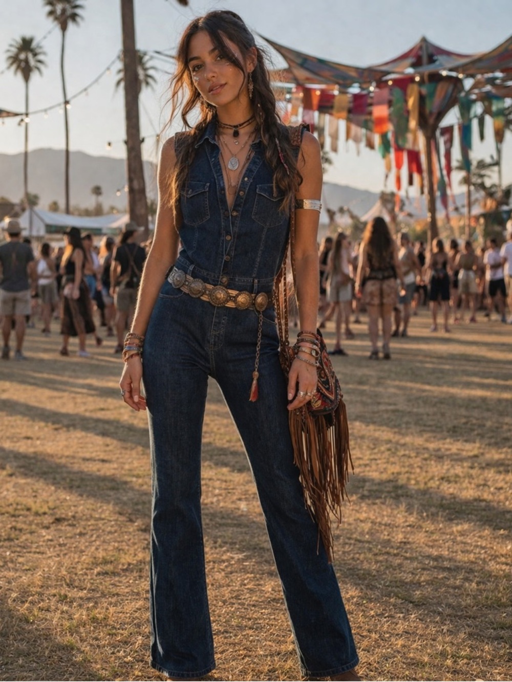 VTG Women's Low Waisted Denim 70s Jumpsuit boho festival